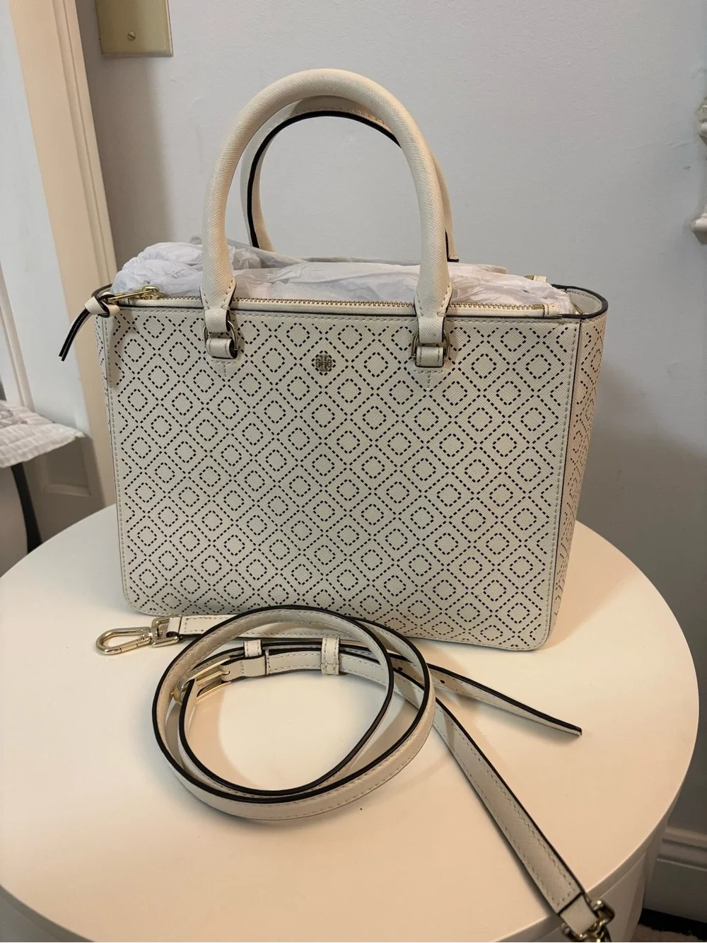 Tory Burch White Perforated Top-Handle Satchel Bag with Detachable Strap
